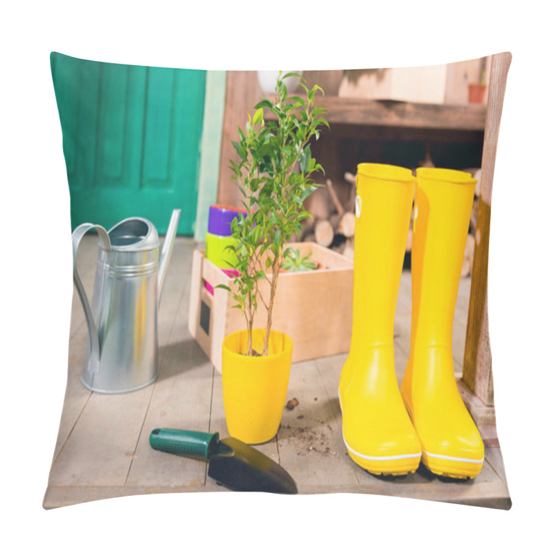 Personality  Watering Can, Yellow Boots, Plant And Wooden Box On Porch Pillow Covers