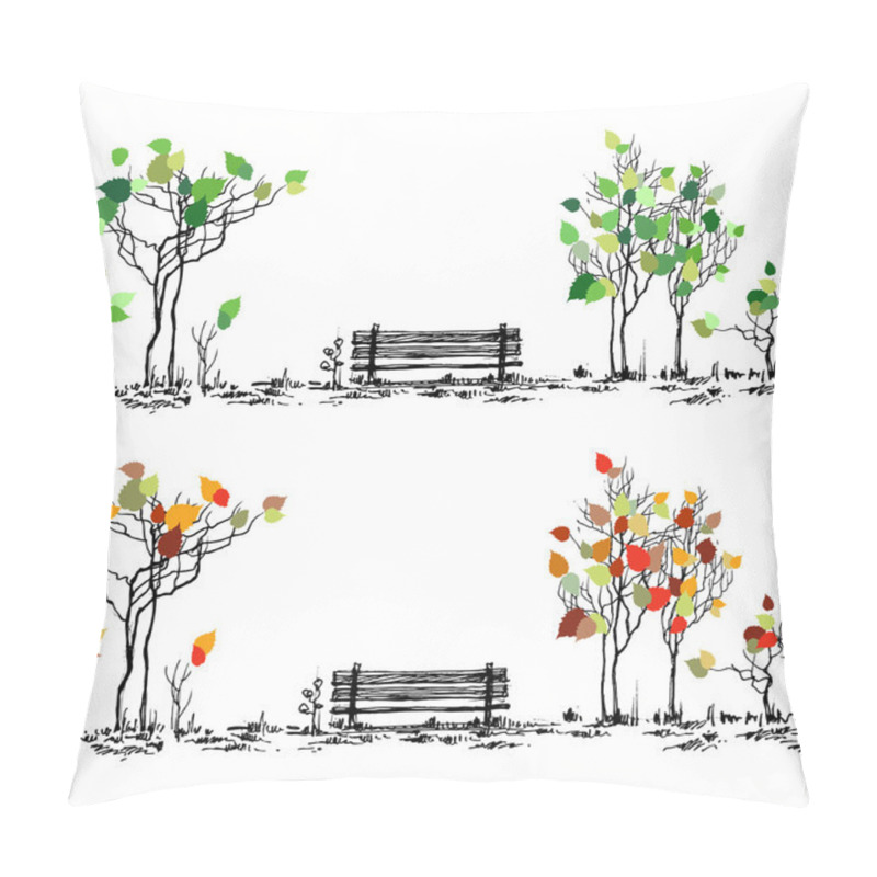 Personality  Park Sketch. Bench And Trees In Different Seasons Pillow Covers