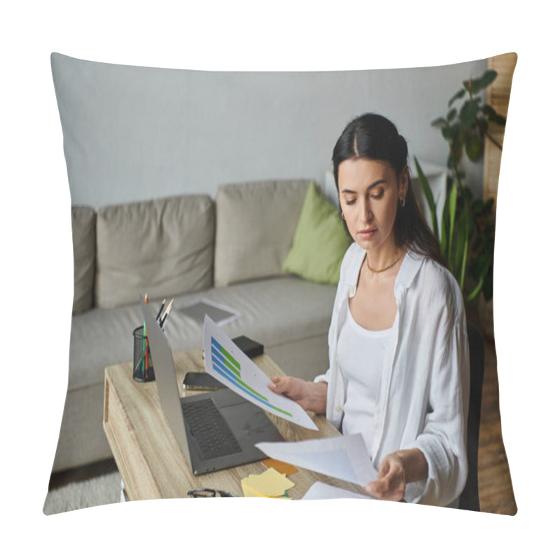 Personality  A Woman In Casual Attire Working At A Table With Papers And A Laptop. Pillow Covers