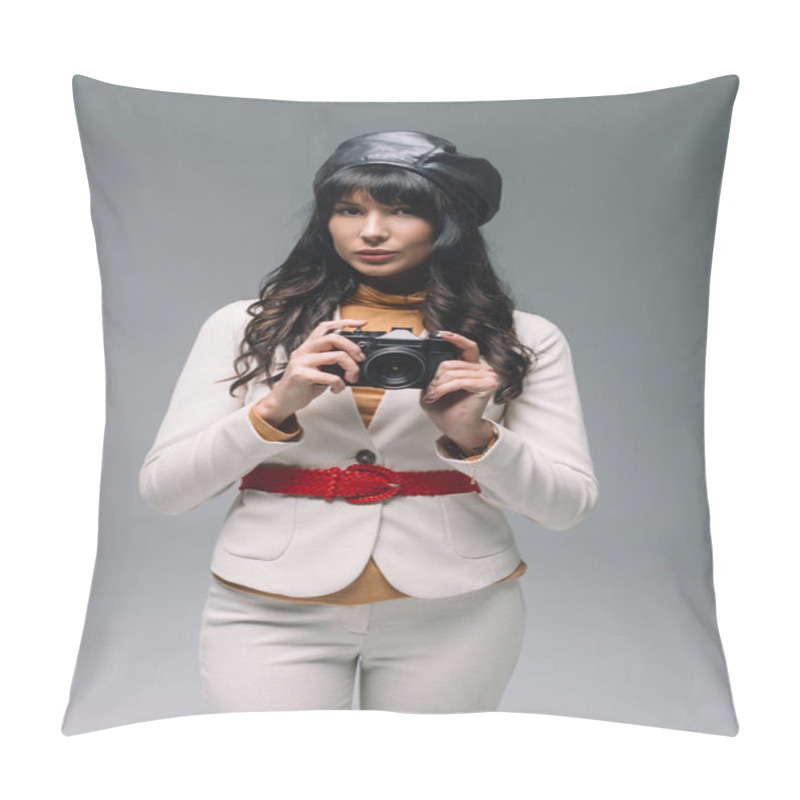 Personality  Attractive Brunette Woman In White Suit Standing With Film Camera Isolated On Gray Pillow Covers