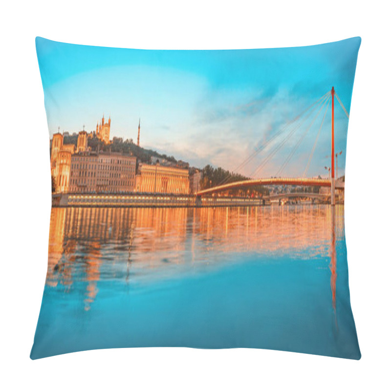 Personality  Lyon Night Cityscape With Illuminated Courthouse And Red Pedestrian Bridge Over Saone River. Panoramic Blue Hour Landscape Pillow Covers