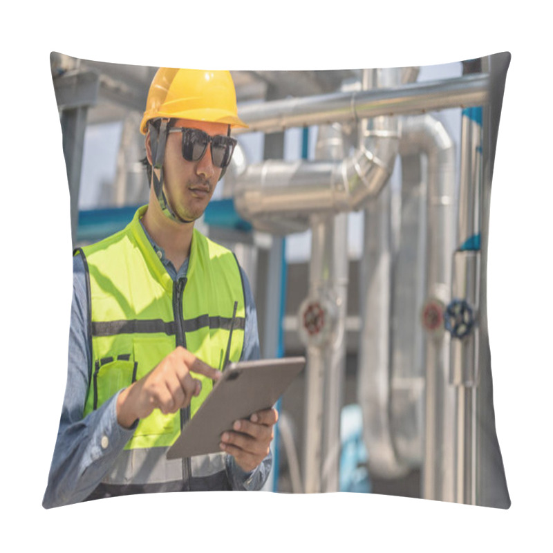 Personality  HVAC Technician Use Tablet To Record Data And Conduct Real-time Analysis. Using Specialized Software To Diagnose And Optimize Mechanical, Electrical, And Plumbing Systems With Energy Efficiency Plan Pillow Covers