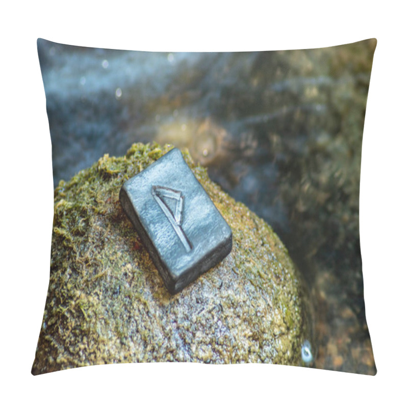 Personality  Norse Rune Vunjo On The Stone And The Evening River Background. Joy, Luck, Fulfillment Of Desires. Pillow Covers