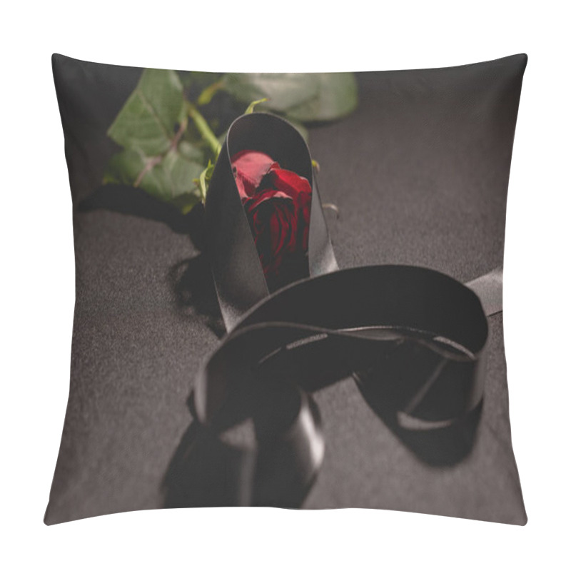 Personality  Red Rose And Ribbon On Black Background, Funeral Concept Pillow Covers