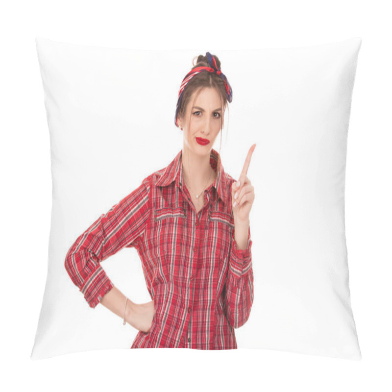 Personality  Serious Woman Raising Finger Up Gesturing A No Sign Pillow Covers