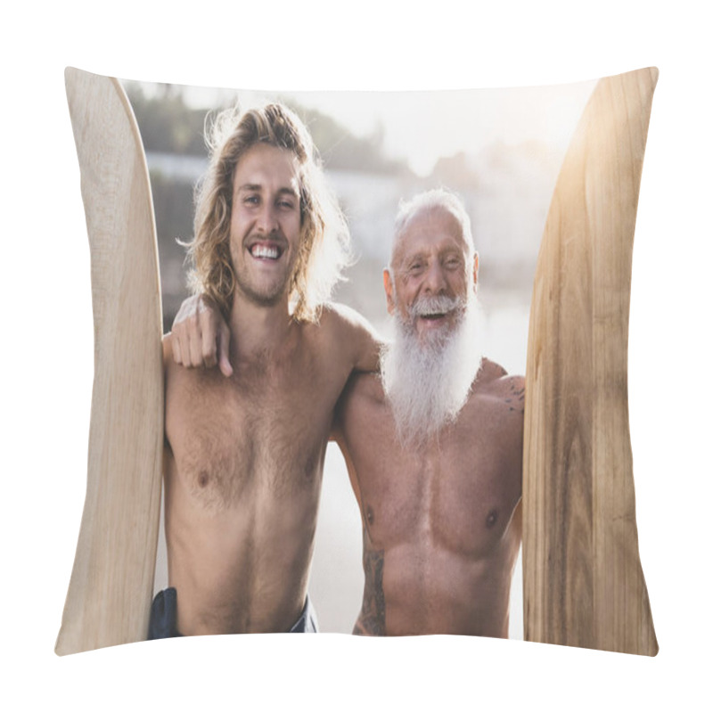 Personality  Happy Fit Surfers With Different Ages Having Fun Surfing On Tropical Beach - Extreme Sport Lifestyle And Friendship Concept Pillow Covers