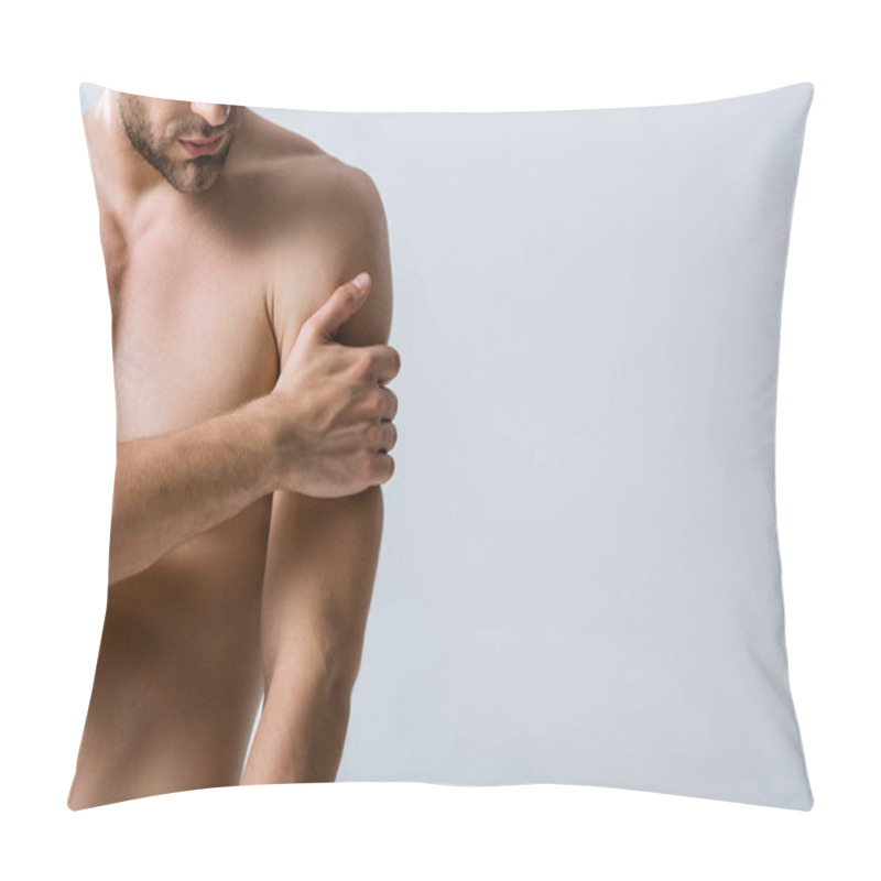 Personality  Partial View Of Shirtless Muscular Man With Pain In Arm Isolated On Grey Pillow Covers