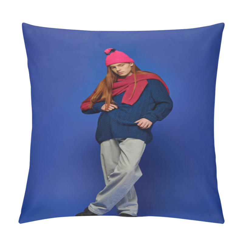 Personality  A Young Man With Striking Red Hair Displays Deep Emotions While Wearing Cozy Winter Attire. Pillow Covers