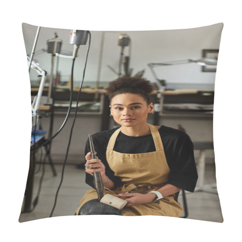 Personality  A Talented Woman Works Diligently In Her Jewelry Making Studio, Showcasing Her Craft. Pillow Covers