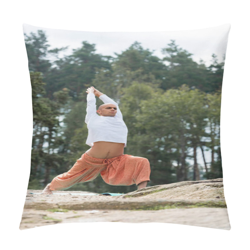 Personality  Buddhist In Harem Pants Meditating In Warrior Pose With Raised Hands Outdoors Pillow Covers