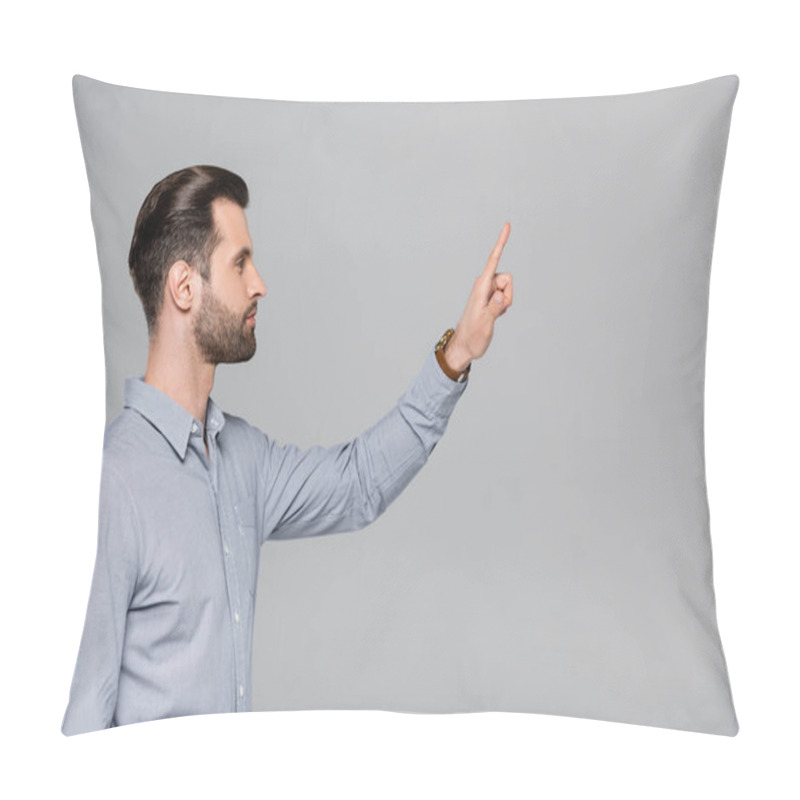 Personality  Side View Of Handsome Businessman Pointing With Finger Isolated On Grey  Pillow Covers