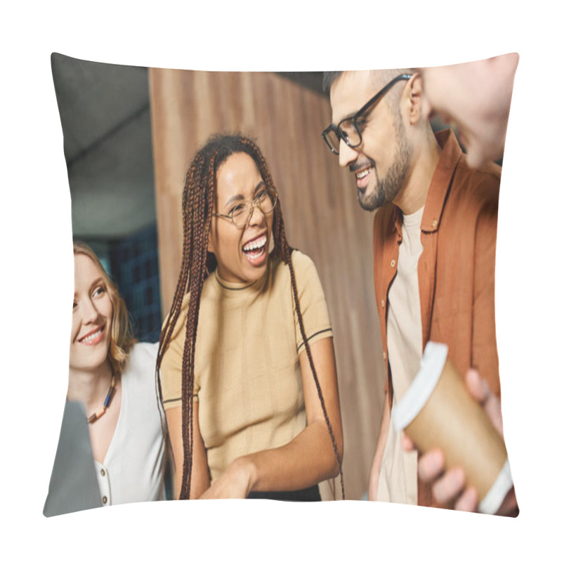 Personality  Multicultural Colleagues In Casual Attire Gather Around A Laptop In A Hotel Lobby During A Corporate Trip. Pillow Covers