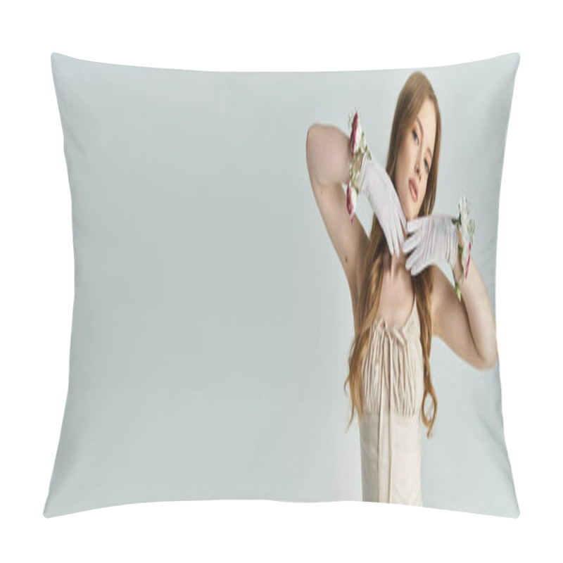 Personality  A Young Woman Showcases Floral Accessories While Striking A Graceful Pose. Pillow Covers