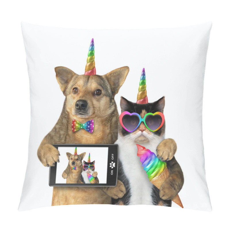 Personality  Dog With A Cat Unicorn Made Selfie Pillow Covers