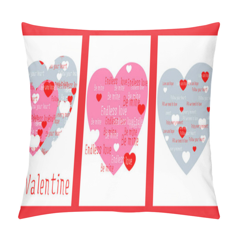 Personality  Set Of Three Vector Cards With Red And Blue Hearts For Valentine's Day. Heart Shaped Text. Bright Illustrations For Festive Postcards Design, Packages, Wallpapers, Decorations, Stickers And Print Pillow Covers