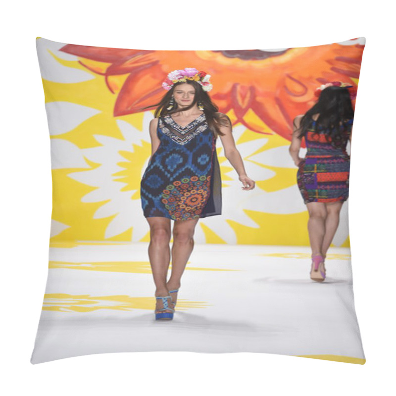 Personality  Model Walks The Runway At Desigual During Mercedes-Benz Fashion Week Spring 2015 Pillow Covers