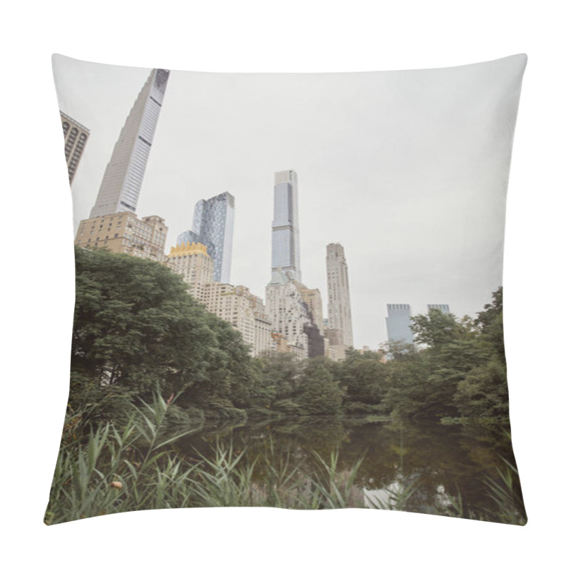 Personality  Scenic View Of Trees And Lake Against Modern Skyscrapers In New York City, Autumnal Metropolis Scene Pillow Covers