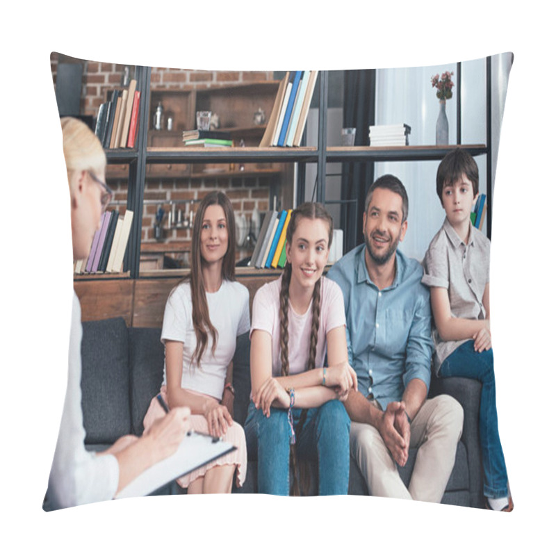 Personality  Smiling Family On Therapy Session By Female Counselor Writing In Clipboard In Office  Pillow Covers