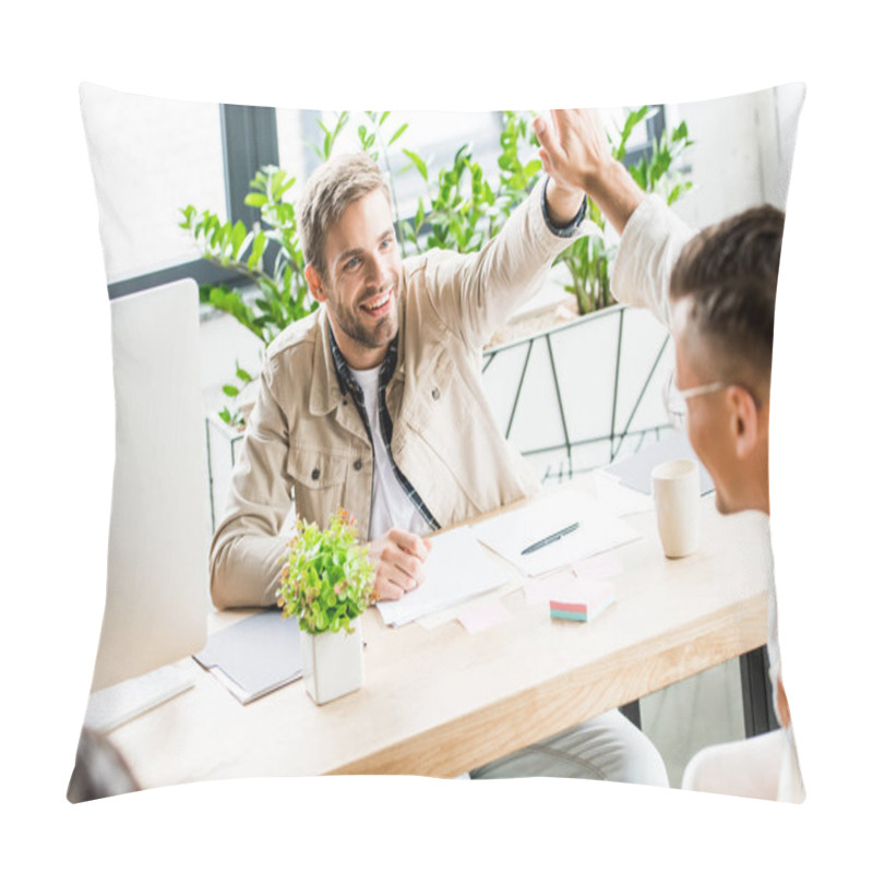 Personality  Young, Cheerful Businessmen Giving High Five While Sitting At Workplace In Office Pillow Covers