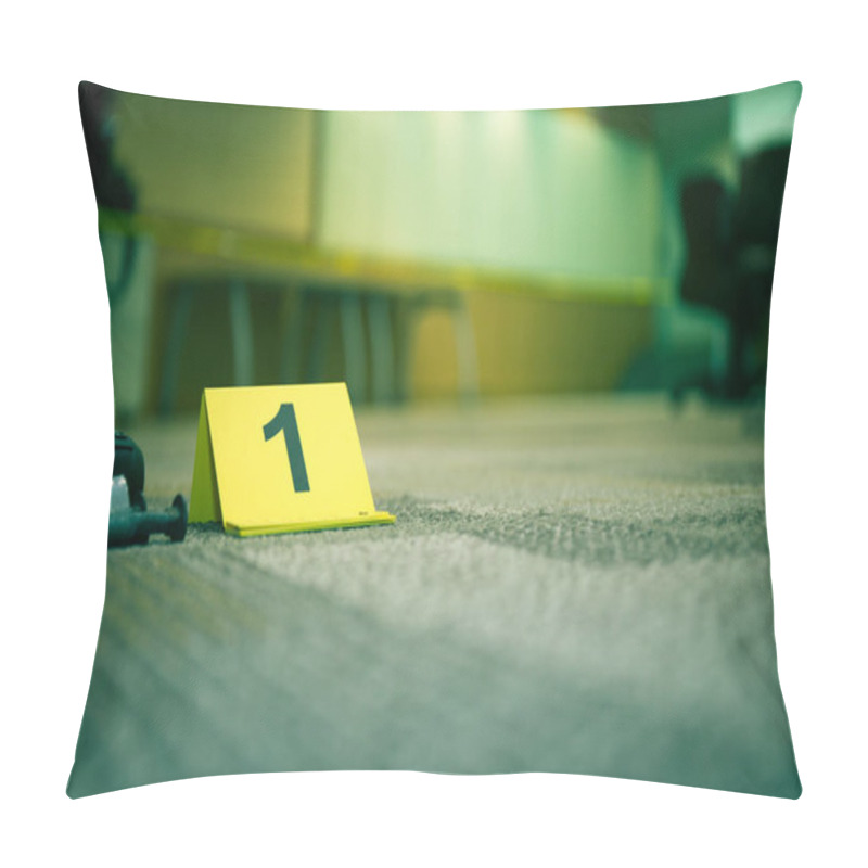 Personality  Evidence Marker Number 1 On Carpet Floor Near Suspect Object In  Pillow Covers