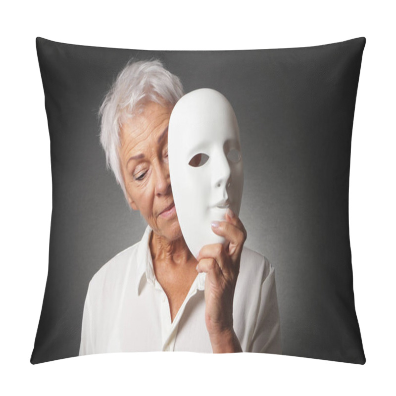 Personality  Older Woman Hiding Sad Face Behind Mask Pillow Covers