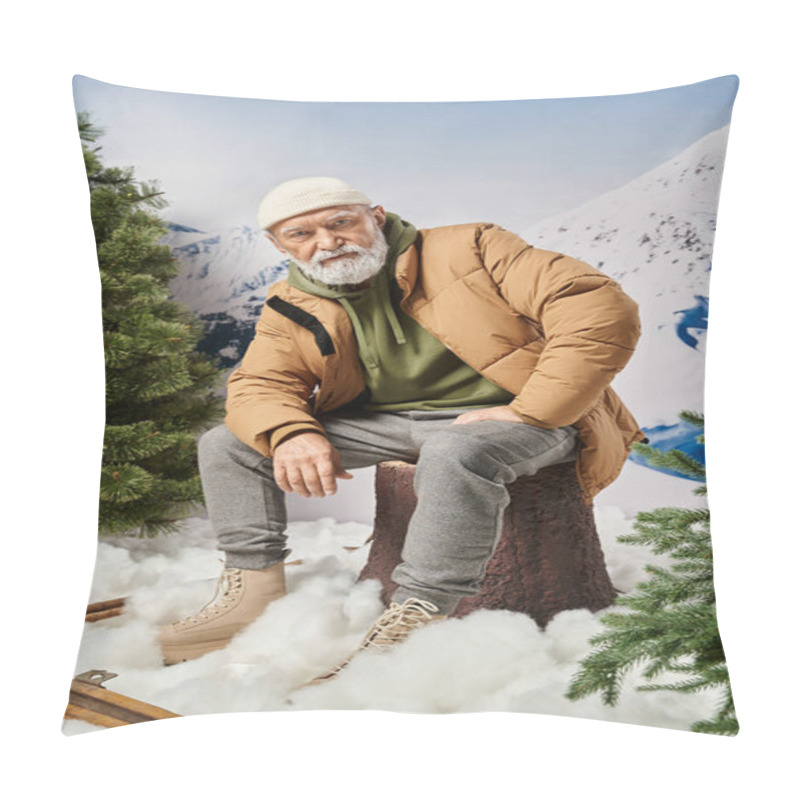 Personality  Serious Man With White Beard In Jacket Sitting On Tree Stump Looking At Camera, Winter Concept Pillow Covers