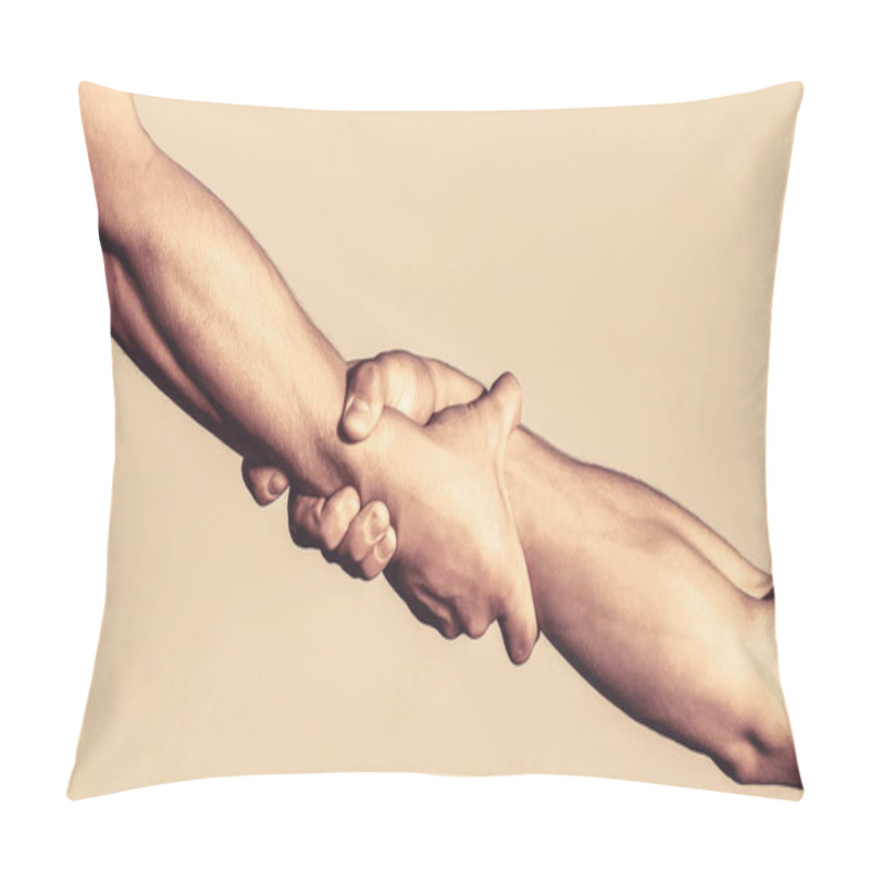 Personality  Helping Hand Outstretched, Isolated Arm, Salvation. Close Up Help Hand. Two Hands, Helping Arm Of A Friend, Teamwork. Helping Hand Concept And International Day Of Peace, Support. Pillow Covers