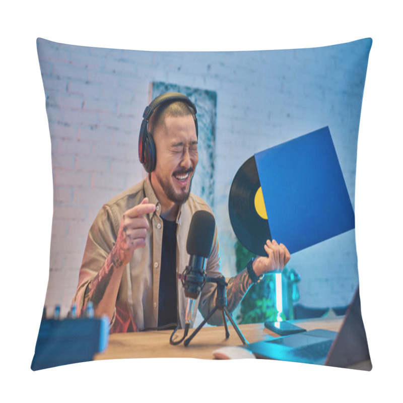 Personality  A Man Sits In His Studio, Wearing Headphones And A Microphone, Recording A Podcast. Pillow Covers