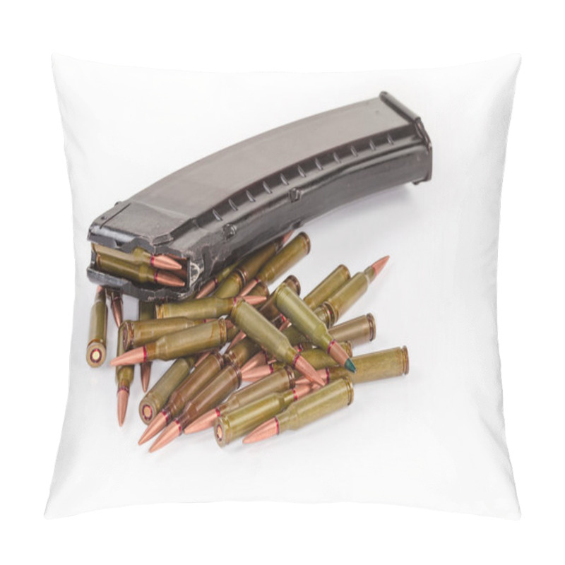 Personality  Heap Of The Service Rifle Cartridges Against The Loaded Assault Rifle Magazine On A White Background, Close-up In Selective Focus Pillow Covers