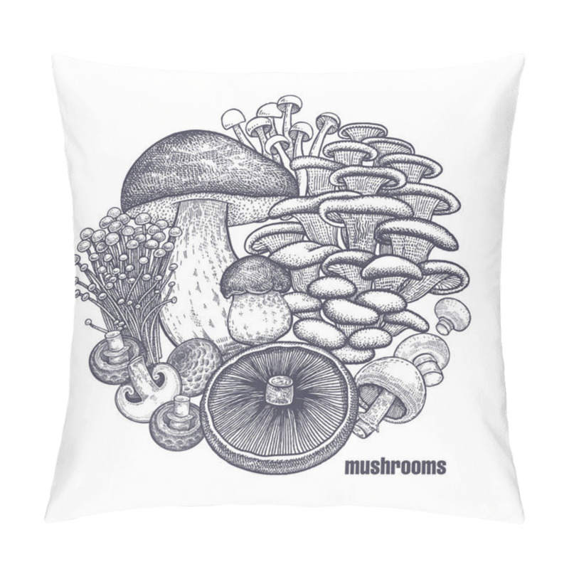 Personality  Mushrooms In Circle. Template Of Signboard, Poster, Cover. Bolete, Portobello, Shimeji, Champignon, Oyster Mushrooms, Enoki. Black, White. Vector Illustration Vintage Engraving Pillow Covers