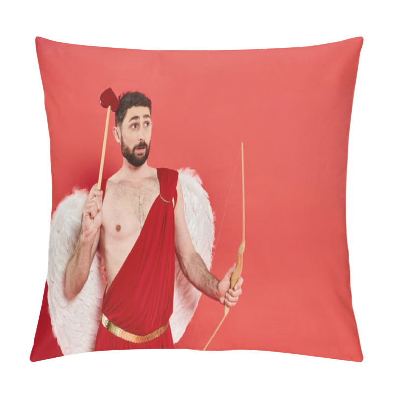 Personality  Thoughtful Bearded Cupid With Bow And Heart-shaped Arrow Looking Away On Red, St Valentines Concept Pillow Covers