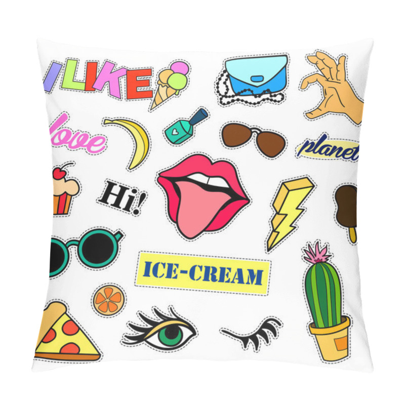 Personality  Fashion Patch Badges. Big Set. Stickers, Pins, Embroidery, Patches And Handwritten Notes Collection In Cartoon 80s-90s Comic Style. Trend. Vector Illustration Isolated. Pillow Covers