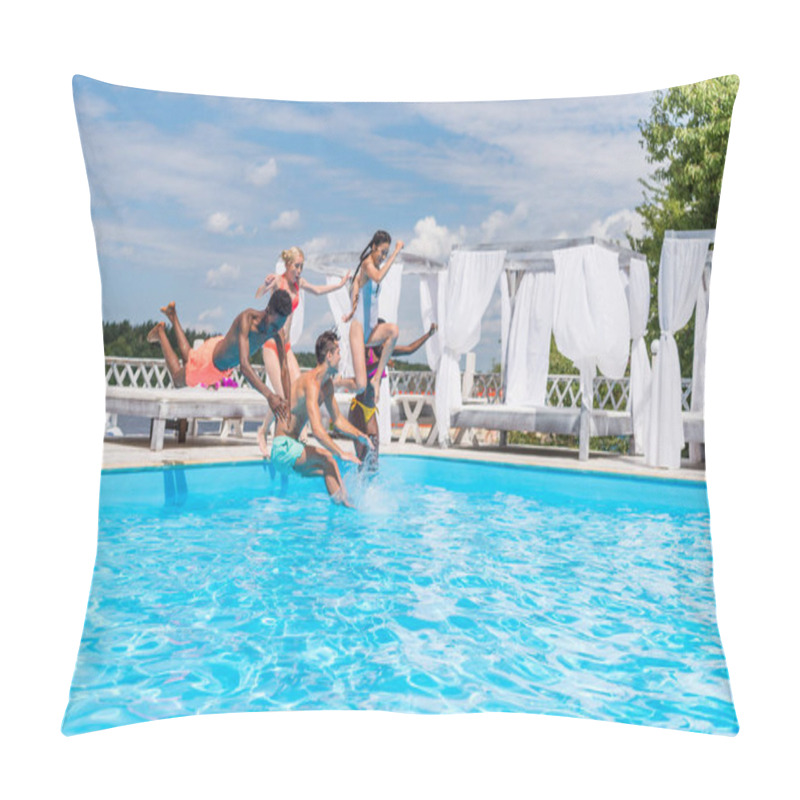 Personality  Multiethnic People Jumping Into Swimming Pool  Pillow Covers