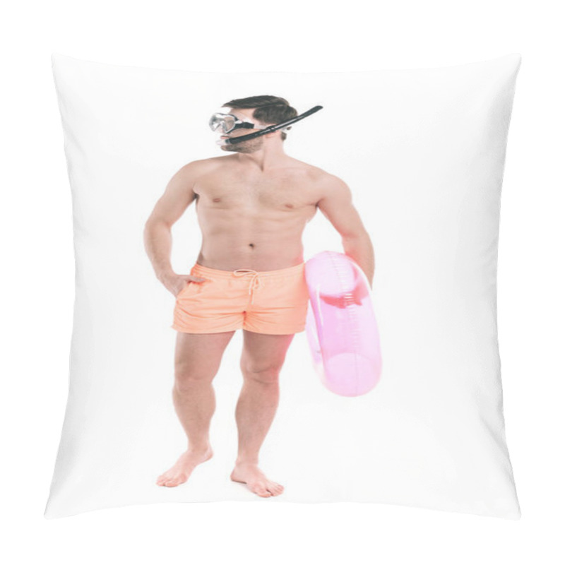 Personality  Young Shirtless And Barefoot Man In Diving Mask And Shorts Holding Inflatable Ring And Looking Away Isolated On White Pillow Covers