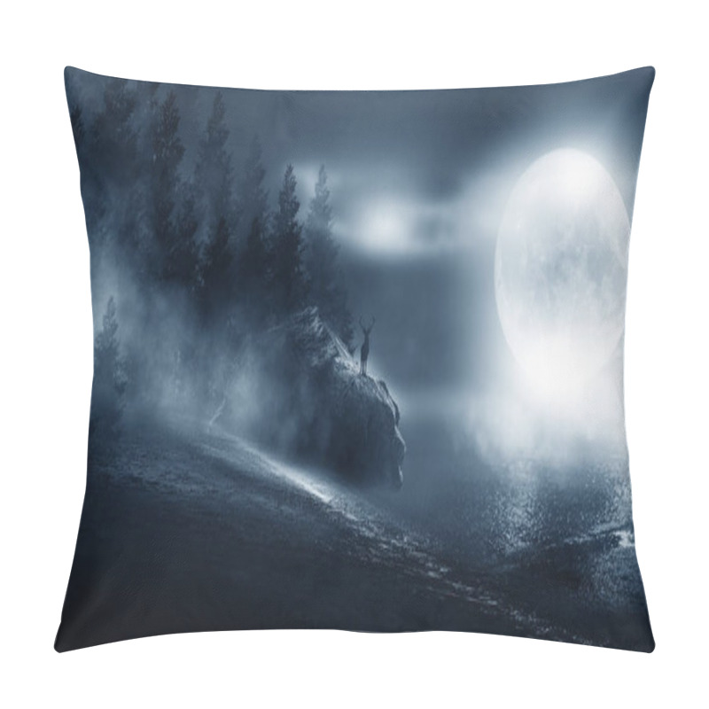 Personality  Dramatic Black And White Background. Cloudy Night Sky, Moonlight, Reflection On The Pavement. Smoke And Fog On A Dark Street At Night. Night Futuristic Landscape, Cold Night. Pillow Covers