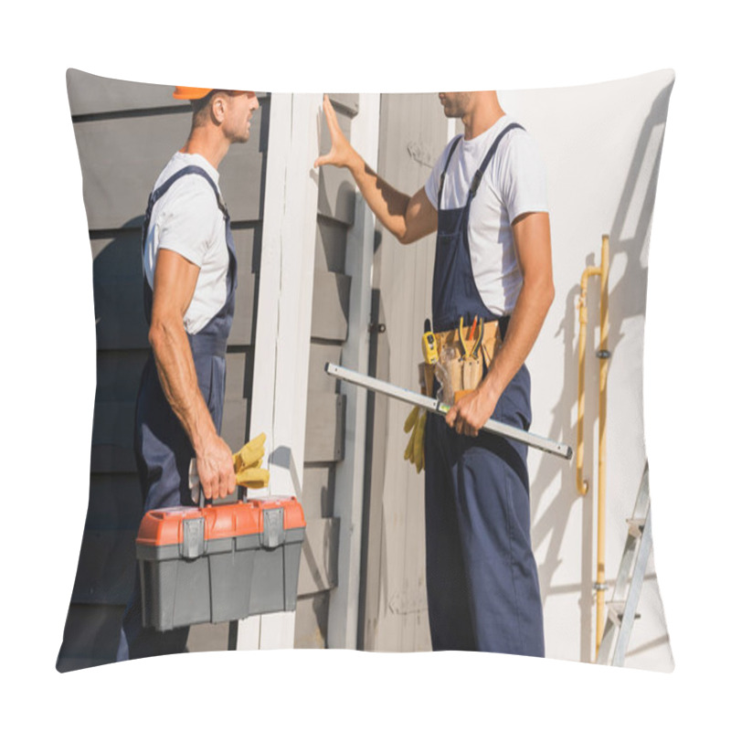 Personality  Builders With Tools And Toolbox Standing Near Facade Of Building  Pillow Covers