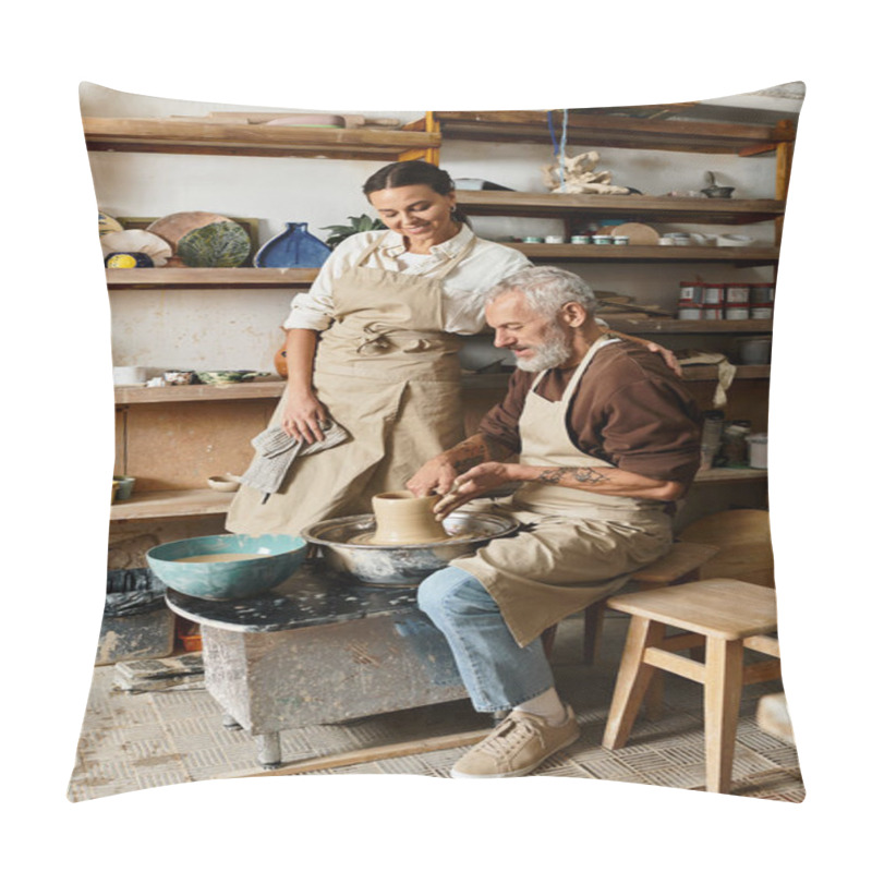 Personality  Mature Couple Enjoys Shaping Clay In A Pottery Class, Sharing Love And Creativity Together. Pillow Covers