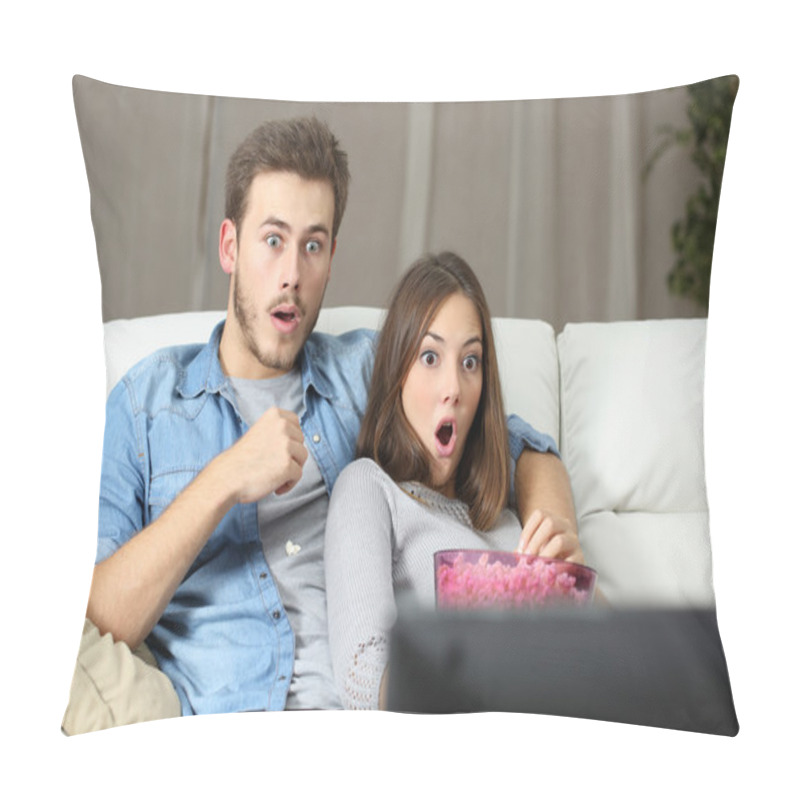 Personality  Amazed Couple Watching Tv At Home Pillow Covers