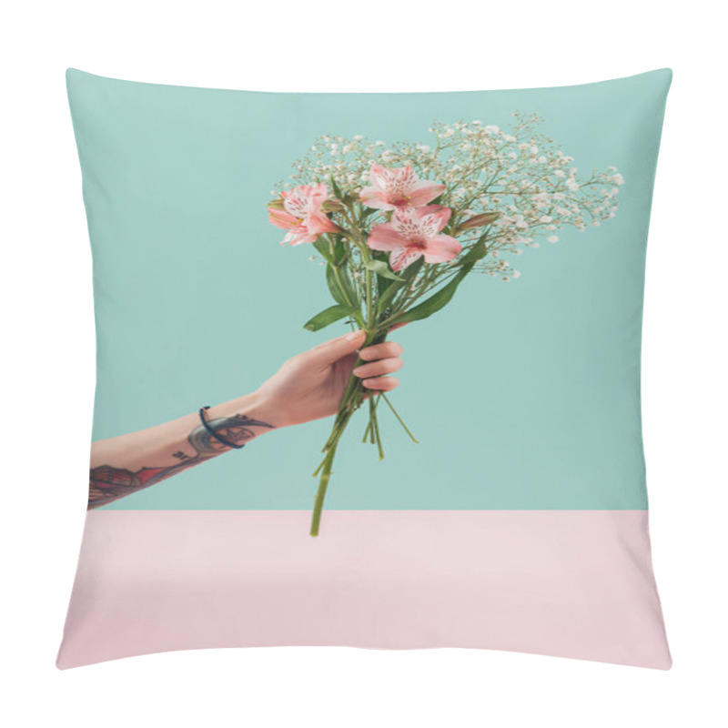 Personality  Cropped View Of Tattooed Woman Holding Bouquet With Pink Lily Flowers Pillow Covers