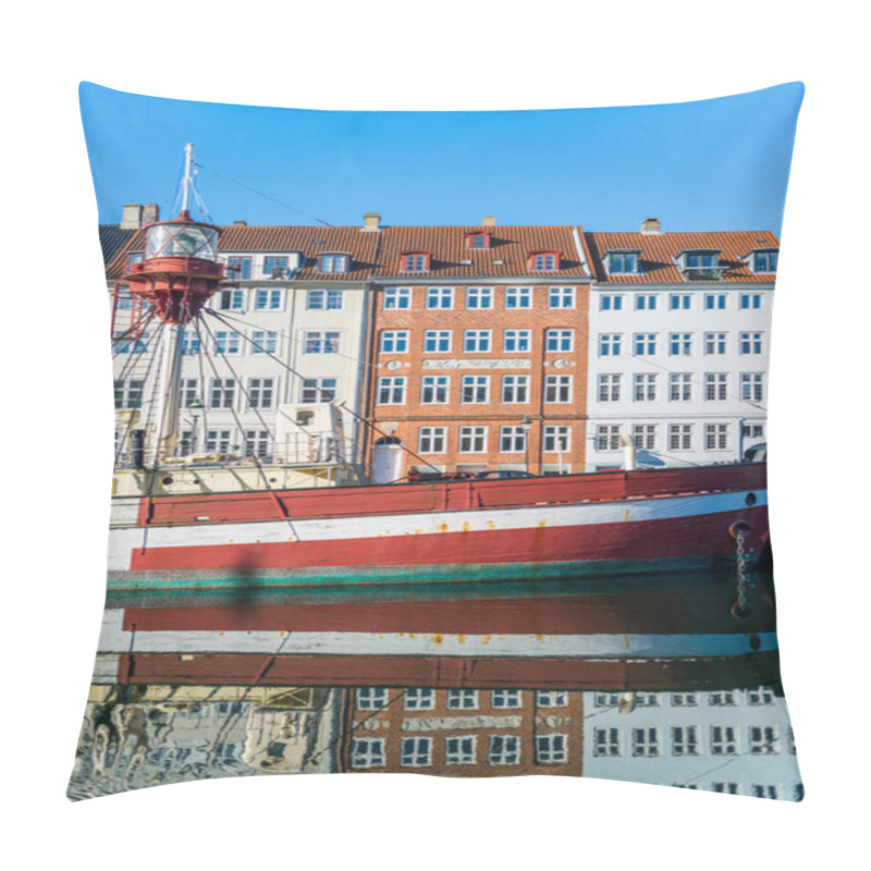 Personality  COPENHAGEN, DENMARK - 06 MAY, 2018: Boat And Houses Reflected In Water At Nyhavn Pier, Copenhagen, Denmark Pillow Covers