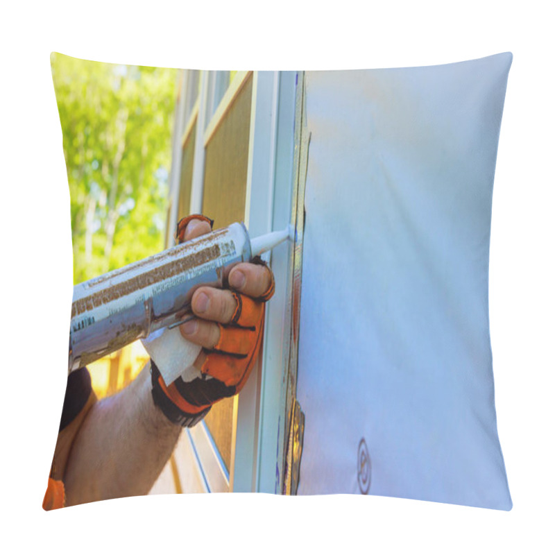 Personality  In Residential Construction Project, Worker Wearing Protective Gloves Carefully Applies Caulk To Edges Of Window Frame To Ensure Tight Seal Against Air Leaks. Pillow Covers