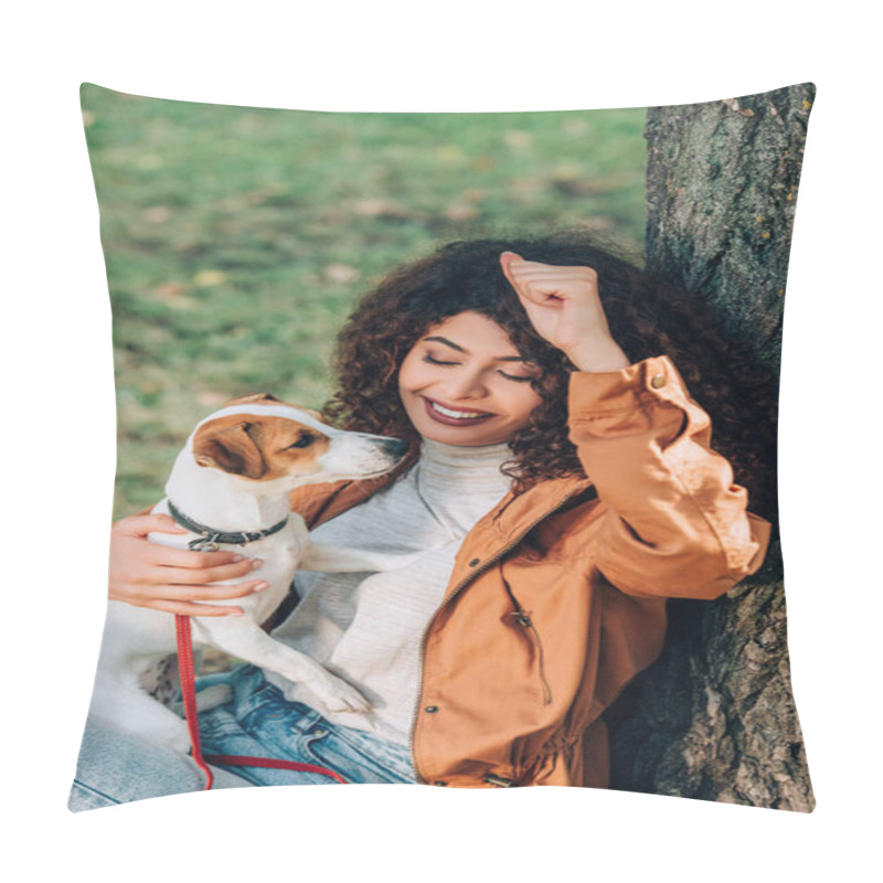 Personality  Curly Woman In Raincoat Holding Jack Russell Terrier Near Tree In Park  Pillow Covers