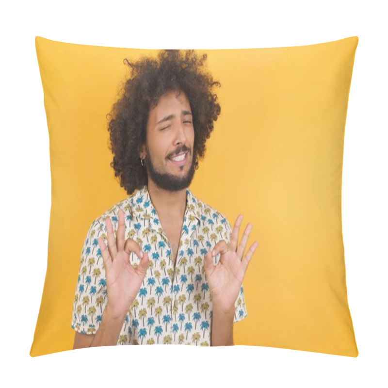 Personality  Handsome Young Man Showing Both Hands With Fingers In OK Sign. Approval Or Recommending Concept Pillow Covers