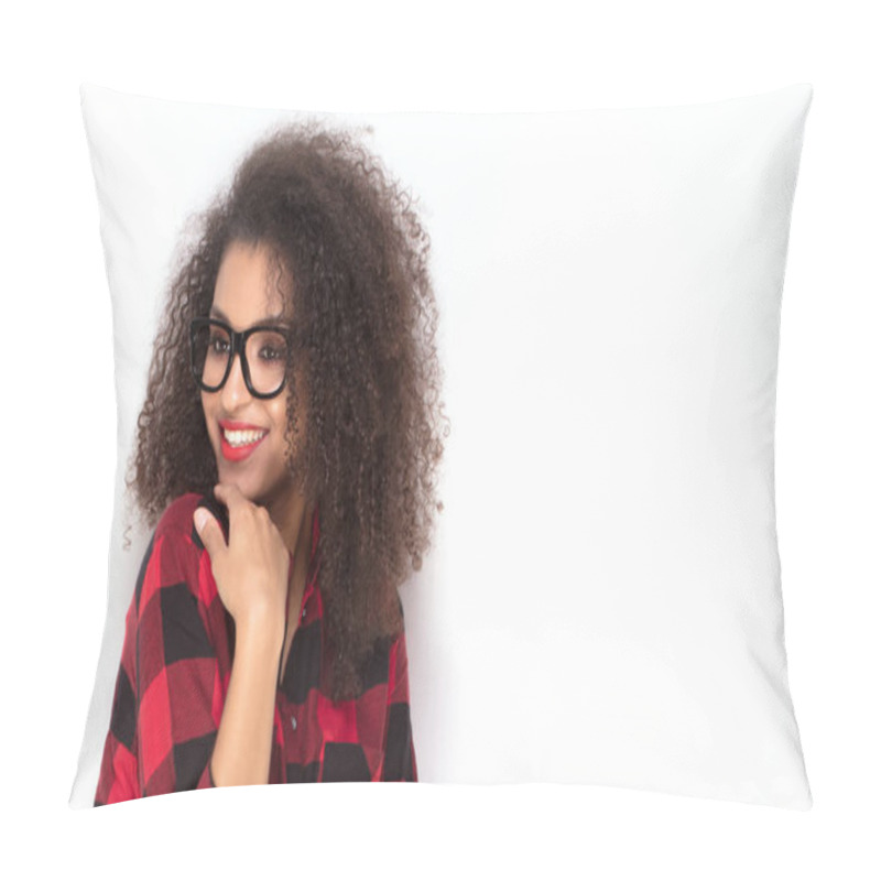 Personality  Happy Afro Girl In Red Checkered Shirt. Pillow Covers