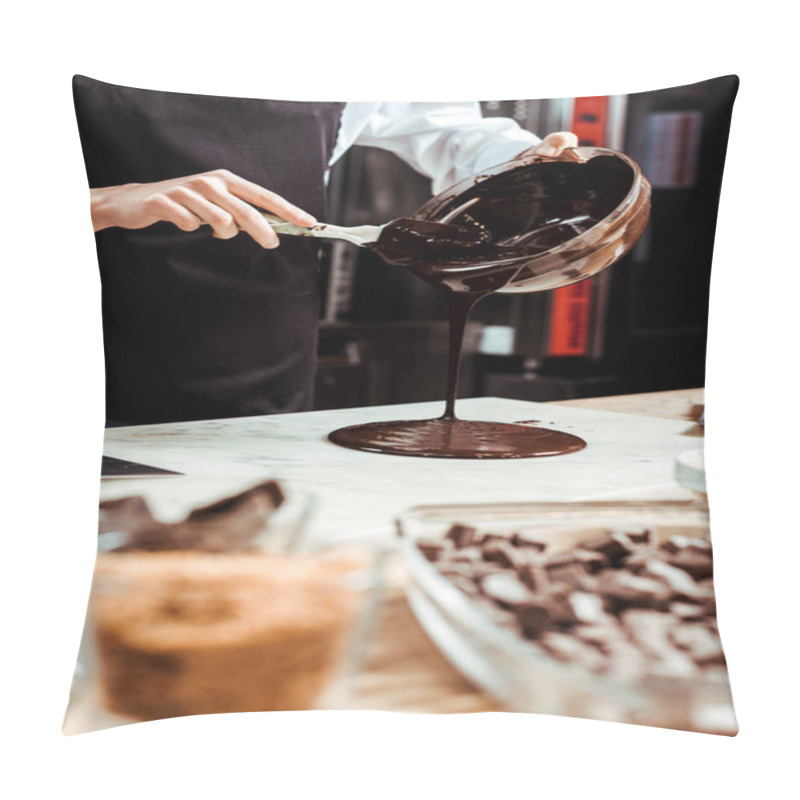 Personality  Selective Focus Of Chocolatier Pouring Melted Chocolate On Marble Surface  Pillow Covers