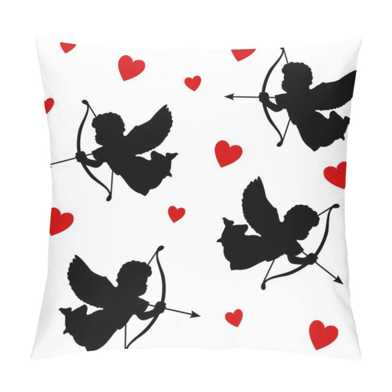 Personality  Cute Valentine Seamless Pattern With Silhouettes Of Angels Cupids With Arrows And Hearts, Black Icons, Vector Illustration Background Pillow Covers