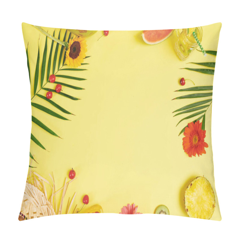 Personality  Fruits Flowers Cold Juice And Leaves Of Palm On Yellow Background Pillow Covers