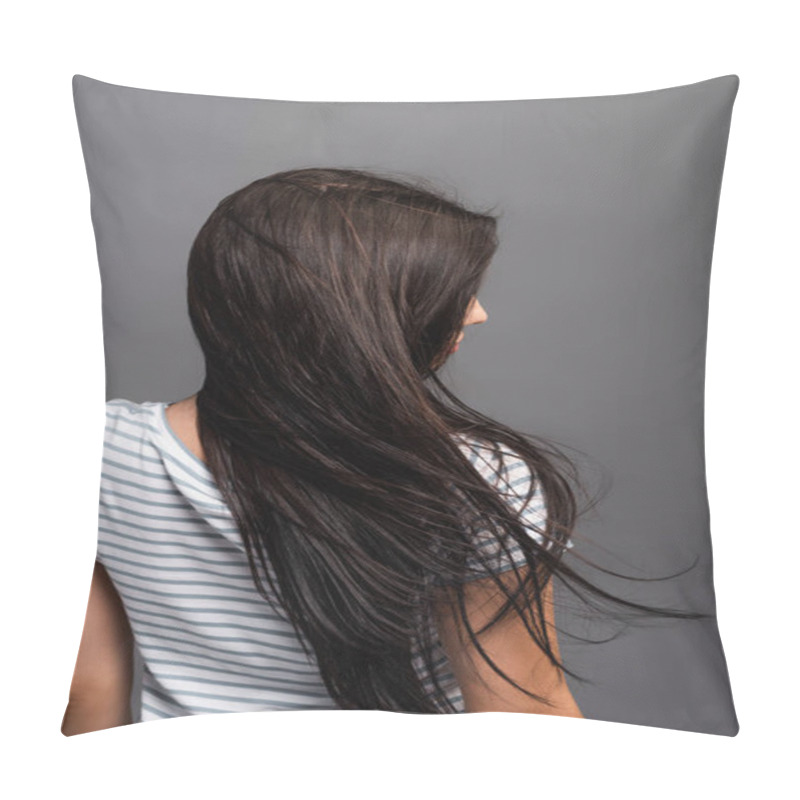 Personality  Back View Of Wind Blowing Through Hair Of Brunette Woman Isolated On Black Pillow Covers