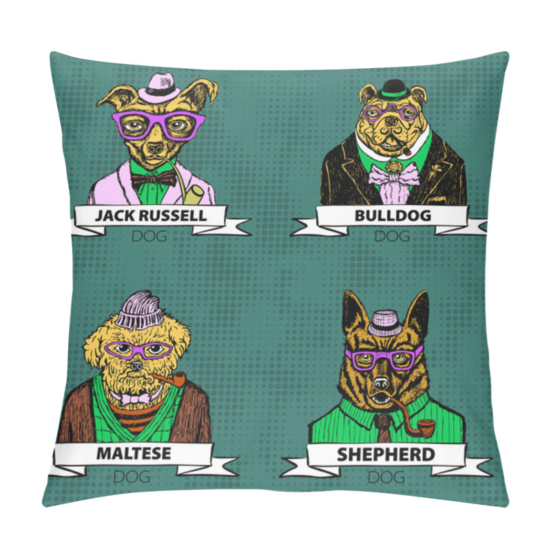 Personality  Hipster Animals Set Dog, Large Group Of Dog Breeds, Isolated Vector Pillow Covers