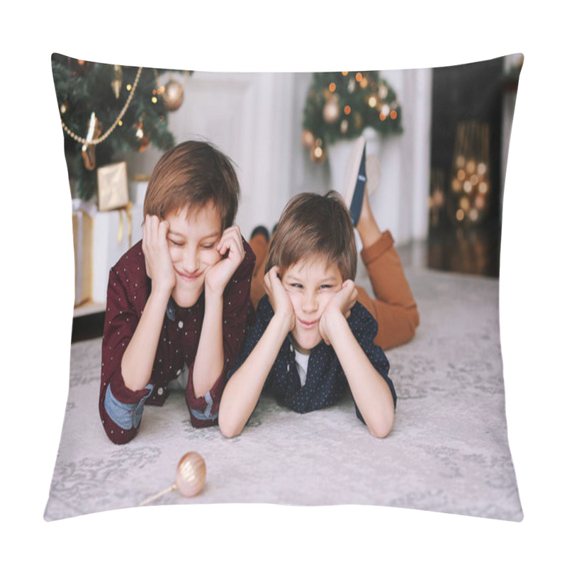 Personality  Handsome Little Boys. Funny Children Next To The  Christmas Tree Playing And Having Fun Together Pillow Covers